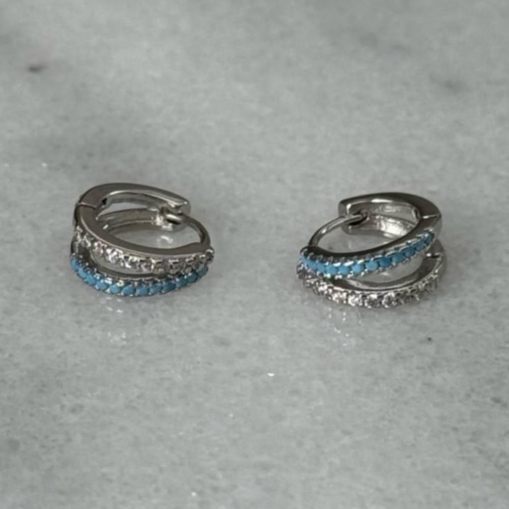 Sterling Silver Crystal Turquoise Pave Huggie Hoop Split Small Earrings
